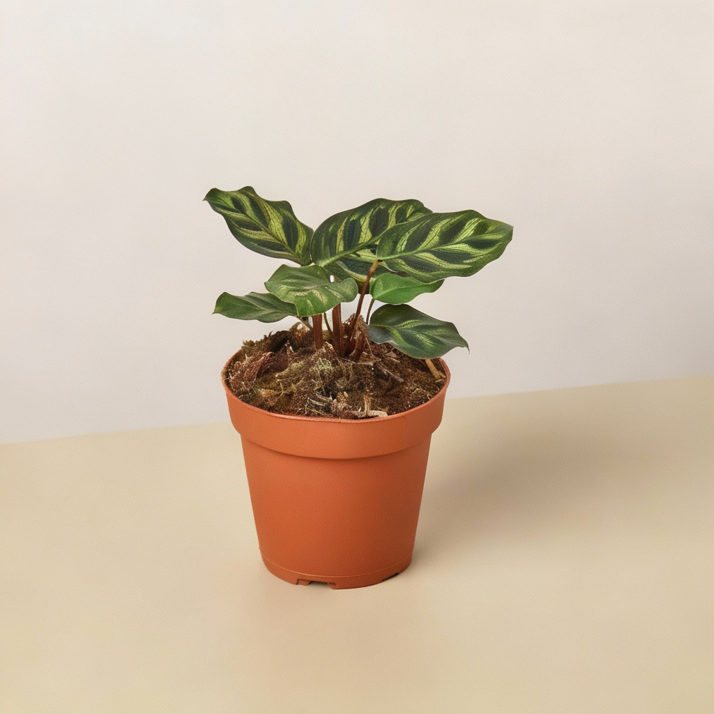 Calathea makoyana in terracotta pot with striped green leaves and pet-friendly paw print label